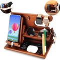 Jowenia Wood Phone Docking Station, Nightstand Key Holder Stand Watch Organizer for Men Gift, Hand Crafted for Dad Mens Organizer Station (Brown)