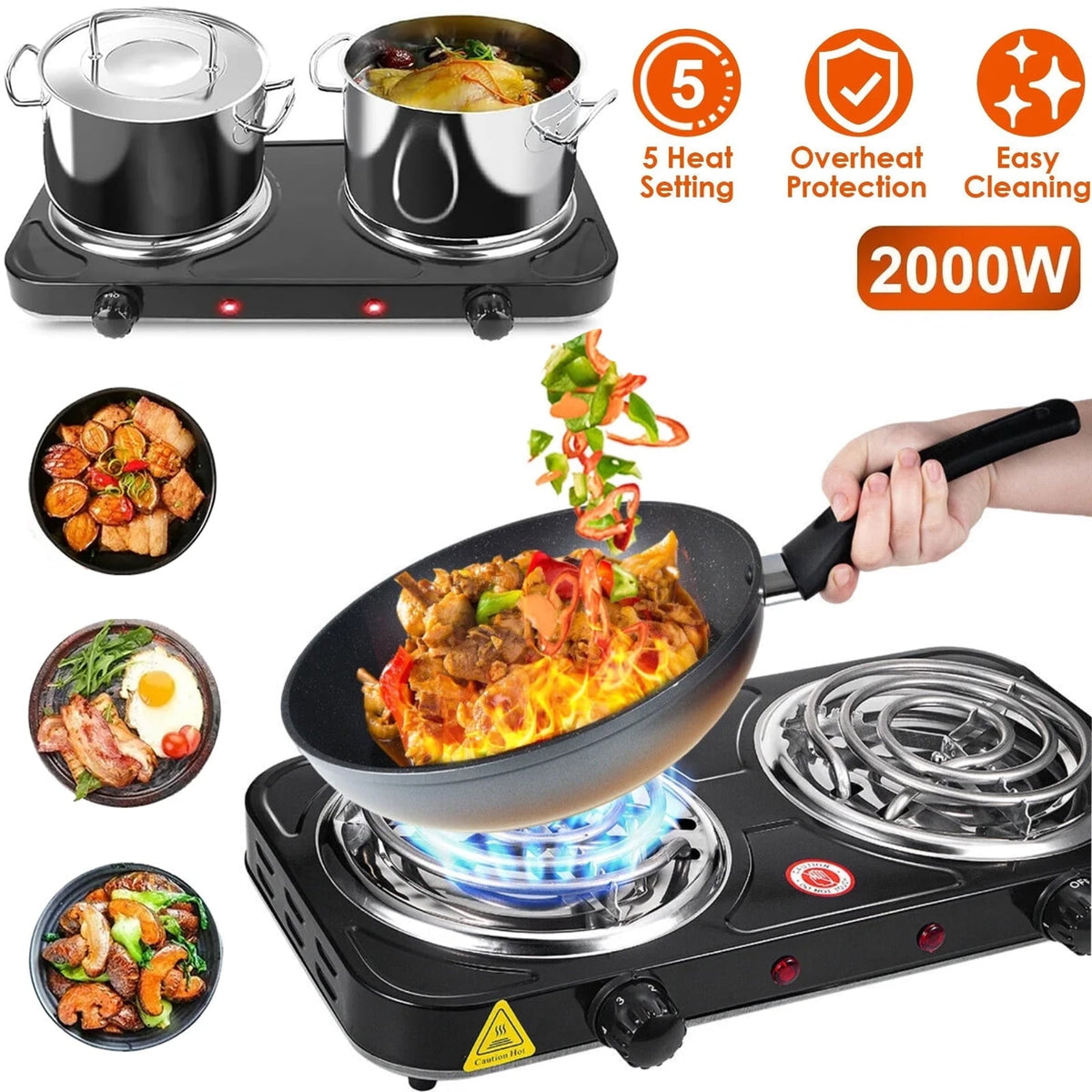 DICEEVIL Electric Countertop Burner, Double Burner, 2000W Induction Cooktop, Portable Electric Hot Plate, 5 Level Adjustable Temperature Control Cooking Ranges for Home Dorm Camping Cooking