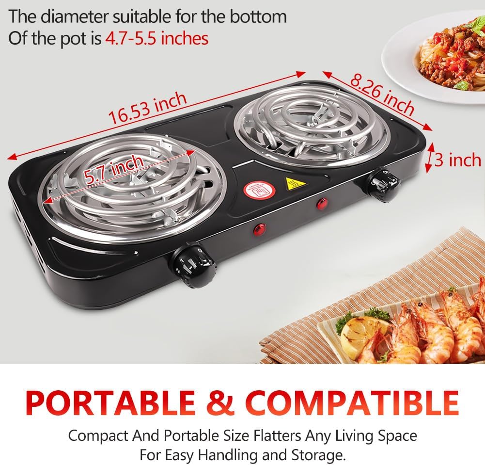 DICEEVIL Electric Countertop Burner, Double Burner, 2000W Induction Cooktop, Portable Electric Hot Plate, 5 Level Adjustable Temperature Control Cooking Ranges for Home Dorm Camping Cooking