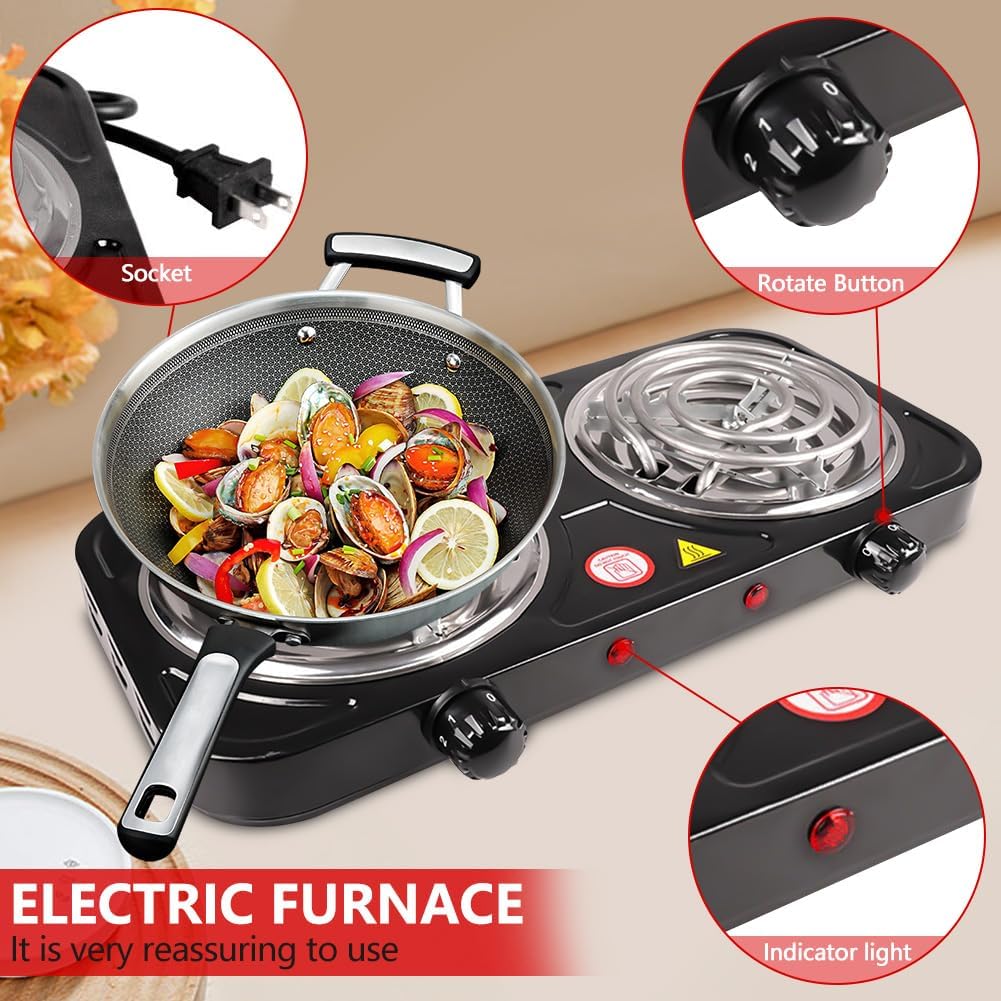 DICEEVIL Electric Countertop Burner, Double Burner, 2000W Induction Cooktop, Portable Electric Hot Plate, 5 Level Adjustable Temperature Control Cooking Ranges for Home Dorm Camping Cooking