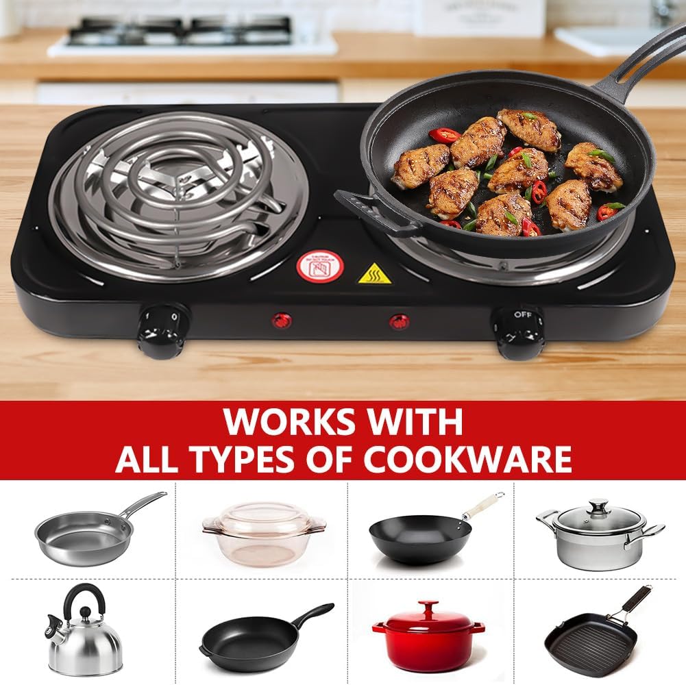 DICEEVIL Electric Countertop Burner, Double Burner, 2000W Induction Cooktop, Portable Electric Hot Plate, 5 Level Adjustable Temperature Control Cooking Ranges for Home Dorm Camping Cooking