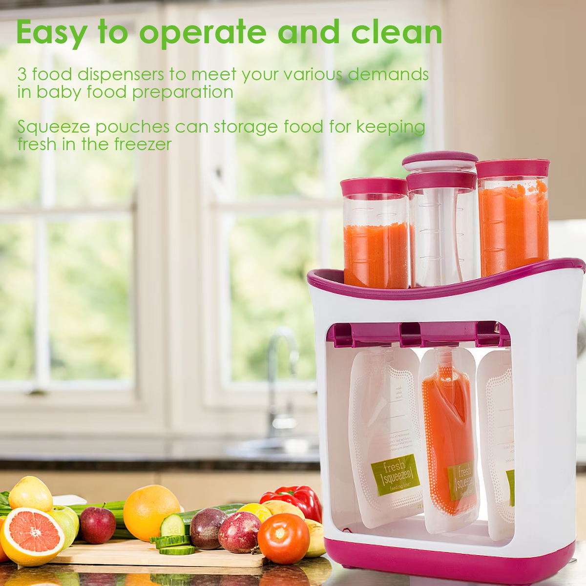 Leyeet Baby Food Squeeze Station, Fill 3 Reusable Pouches at once, BPA-Free Homemade Puree Maker with 10 Storage Bags, Homemade Baby Food Prep Essential, Baby Food Maker for Kids
