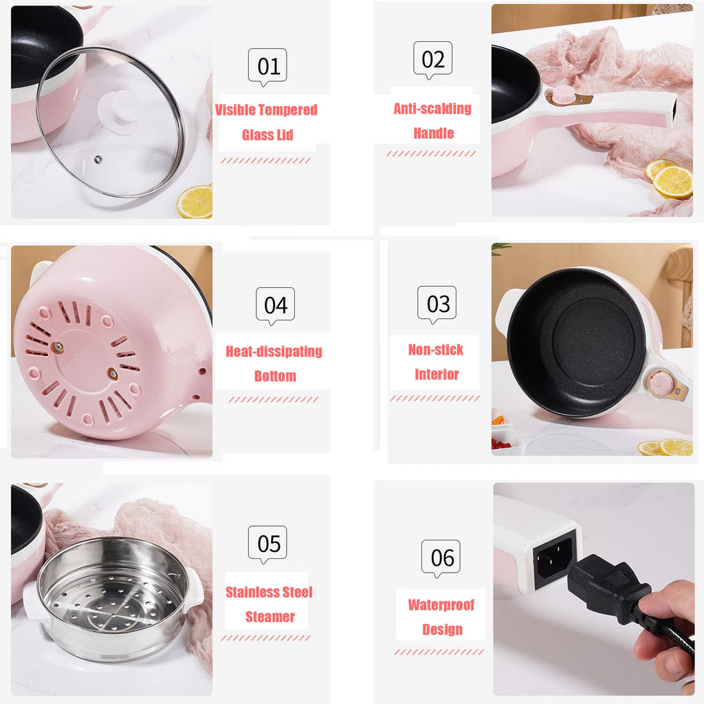 FAMKIT 1.8L Electric Cooking Pot, 2 Power Electric Hot Pot with Steamer, Portable Multifunctional Non-Stick Pan, Mini Hot Pot Noodles Travel Cooker for Dorm, Home, Apartments, Hotel, Pink