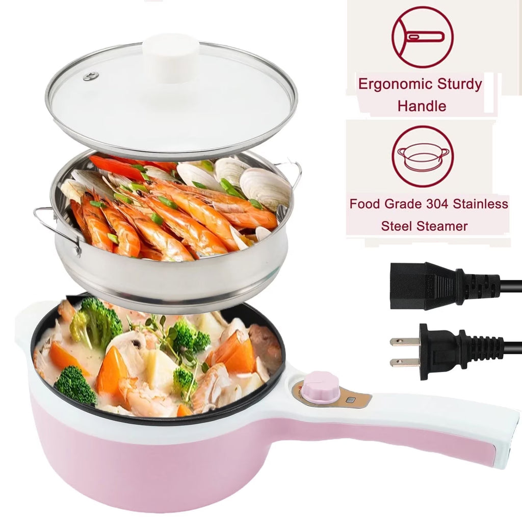FAMKIT 1.8L Electric Cooking Pot, 2 Power Electric Hot Pot with Steamer, Portable Multifunctional Non-Stick Pan, Mini Hot Pot Noodles Travel Cooker for Dorm, Home, Apartments, Hotel, Pink