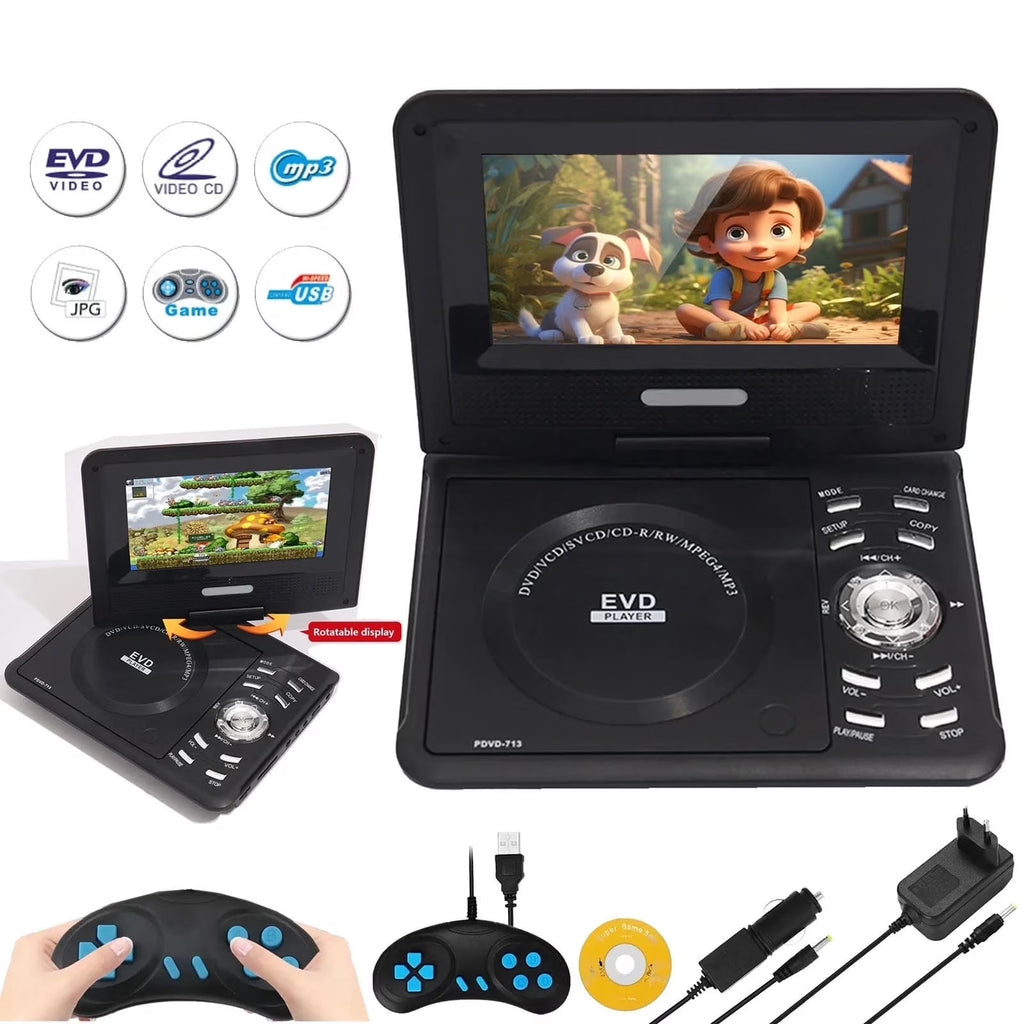 FAMKIT 7.8" Portable DVD Player, 6.8" HD Swivel Display Screen CD Player, Rechargeable Car DVD Player Support CD/DVD/SD Card/USB/Game Function, Personal DVD Player for Kids&Car Travel, Black