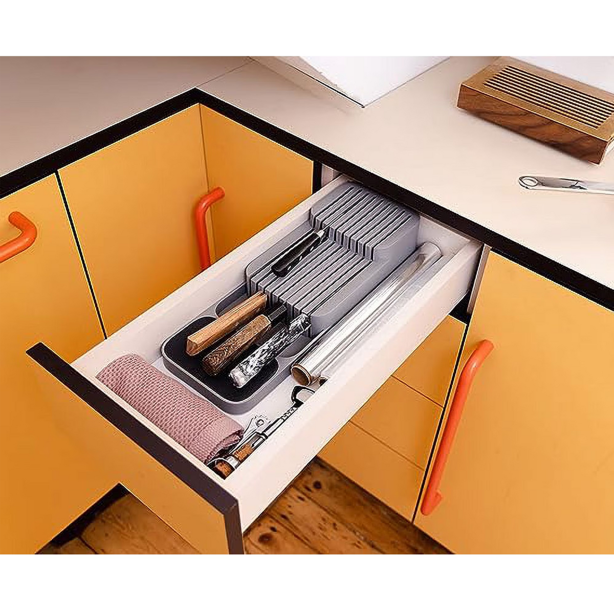 Leyeet Knife Organizer, Knife Storage DrawerStore Knife Organizer, holds up to 9 knives, Kitchen Organization & Drawer Storage Compact, Grey