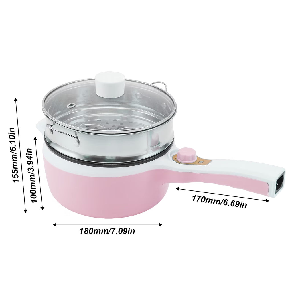 FAMKIT 1.8L Electric Cooking Pot, 2 Power Electric Hot Pot with Steamer, Portable Multifunctional Non-Stick Pan, Mini Hot Pot Noodles Travel Cooker for Dorm, Home, Apartments, Hotel, Pink