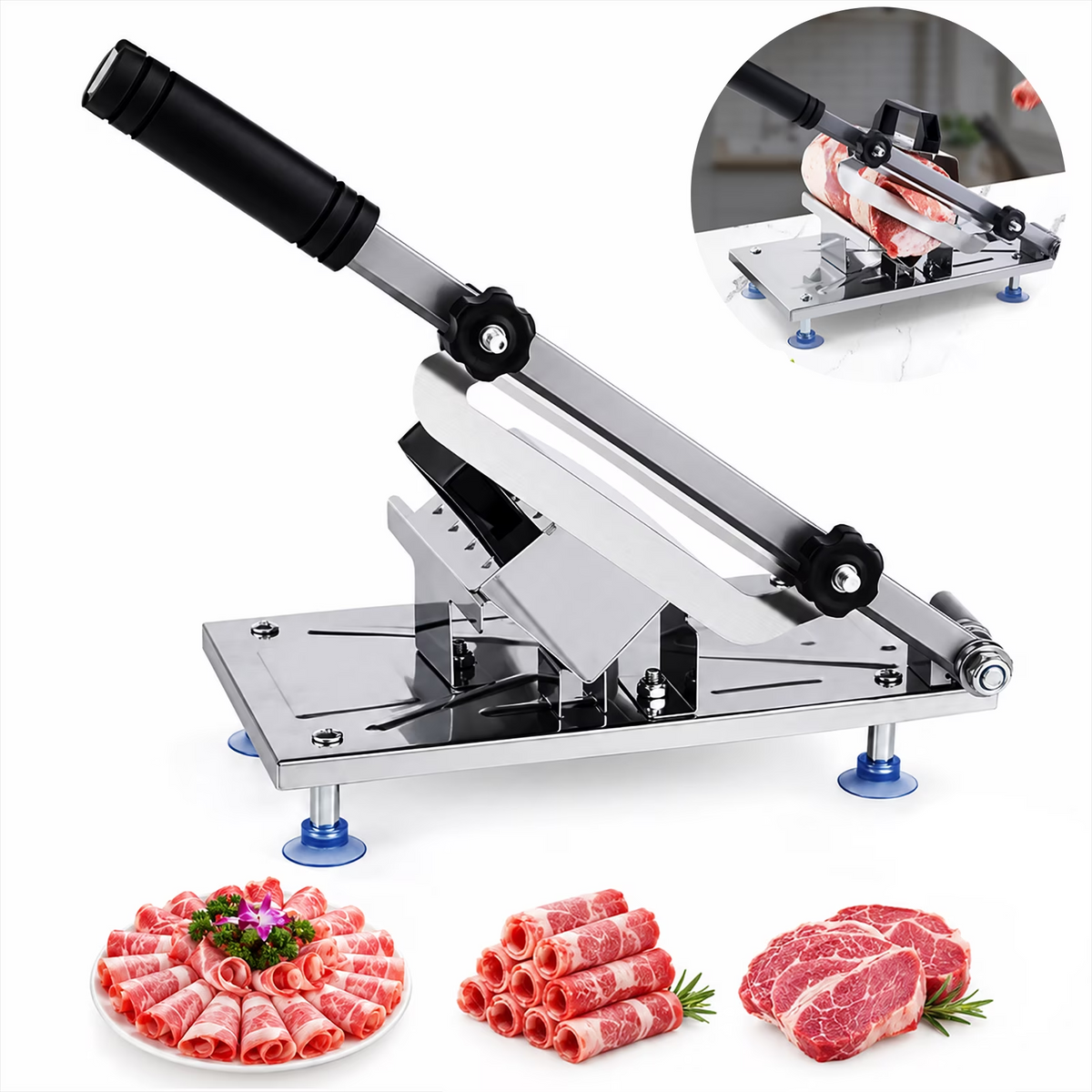 Leyeet Manual Frozen Meat Slicer, Stainless Steel Food Slicer with Anti Slip Suction Cups, Meat Cutting Machine Adjustable Thickness, Slicer Machine for Beef Mutton Ham