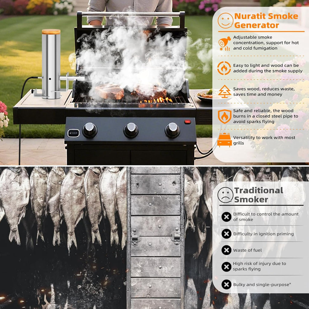 FAMKIT Electric Hot and Cold Smoke Generator with Lid & Air Pump, Portable Barbecue Smoker, Stainless Steel Wood Chips Pellets Smoker, Grill Accessory BBQ Tools for DIY Smoking Meat Vegetable