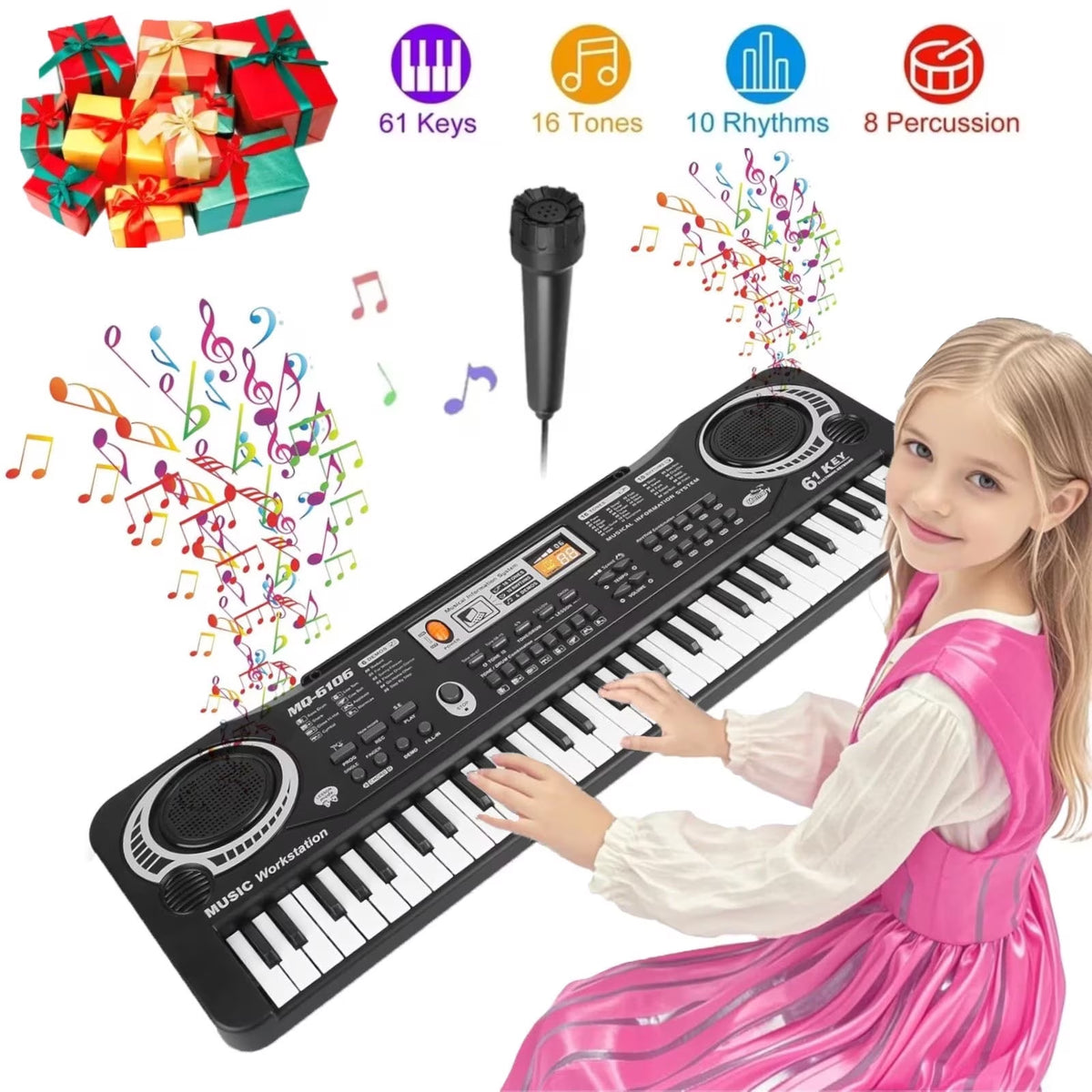 Haokaini Electronic Piano Keyboard for Kids, 61 Keys Beginner Electric Piano with Microphone, Digital Music Piano, Portable Electronic Keyboard Piano, Musical Instrument Piano Toys for Girls Boys Gift