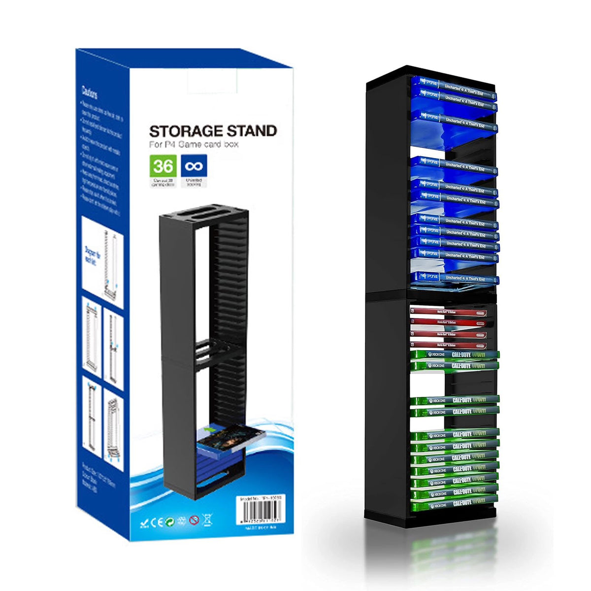 FAMKIT Game Storage Stand Tower for PS5/ PS4/ PS3/ Xbox Series S, Universal Game Disc Holder Vertical Stand Organizer Tower, Hold 36pcs Video Game Discs, Black