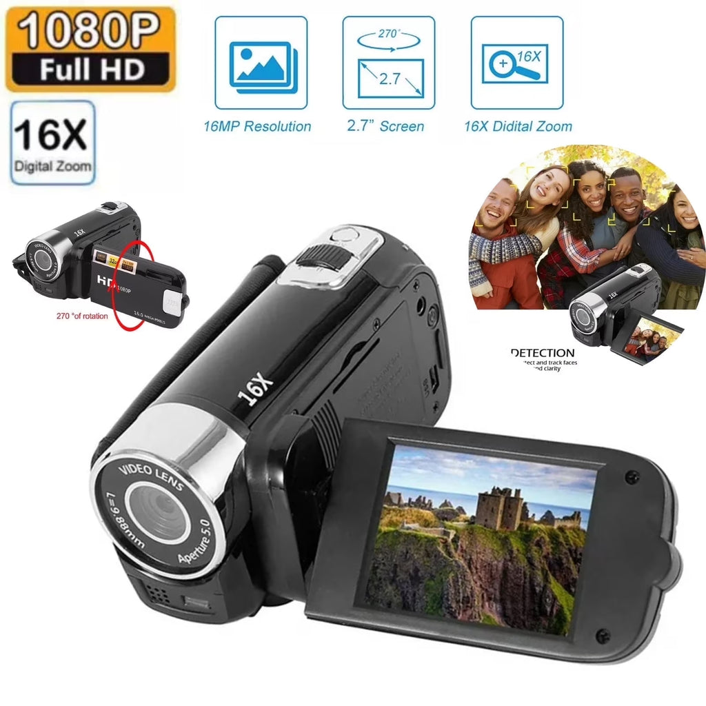 FAMKIT Portable Full HD 1080P High Definition Digital Video Camera, DV Camcorder Camera Recorder with Mic & Speaker, 16MP 2.7 Inch Colourful LCD Display Screen 16X Digital Zoom Digital Camera