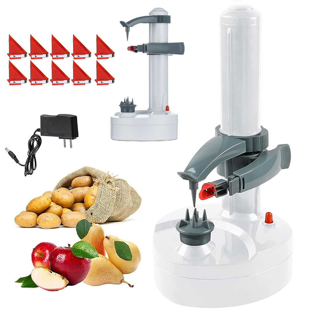 FAMKIT Electric Potato Peeler, Automatic Rotating Apple Peeler Potato Peeling Machine with 10 Replacement Blades, Multifunction Fruit & Vegetable Cutter, Electric Apple Pear Skin Peeling Machine, White