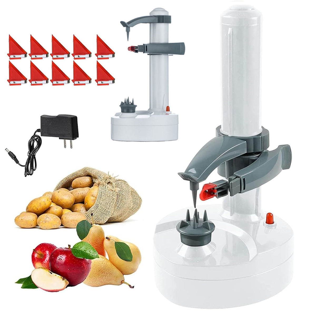 FAMKIT Electric Potato Peeler, Automatic Rotating Apple Peeler Potato Peeling Machine with 10 Replacement Blades, Multifunction Fruit & Vegetable Cutter, Electric Apple Pear Skin Peeling Machine, White