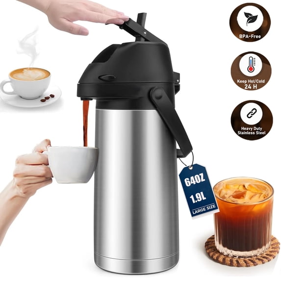 OhhGo Thermal Coffee Carafe with Pump, 64OZ/1.9L Stainless Steel Coffee Dispenser for Keeping Hot - Large Airpot Coffee Thermos, Leakproof Hot Water Beverage Dispenser for Hot Drinks Tea Liquid