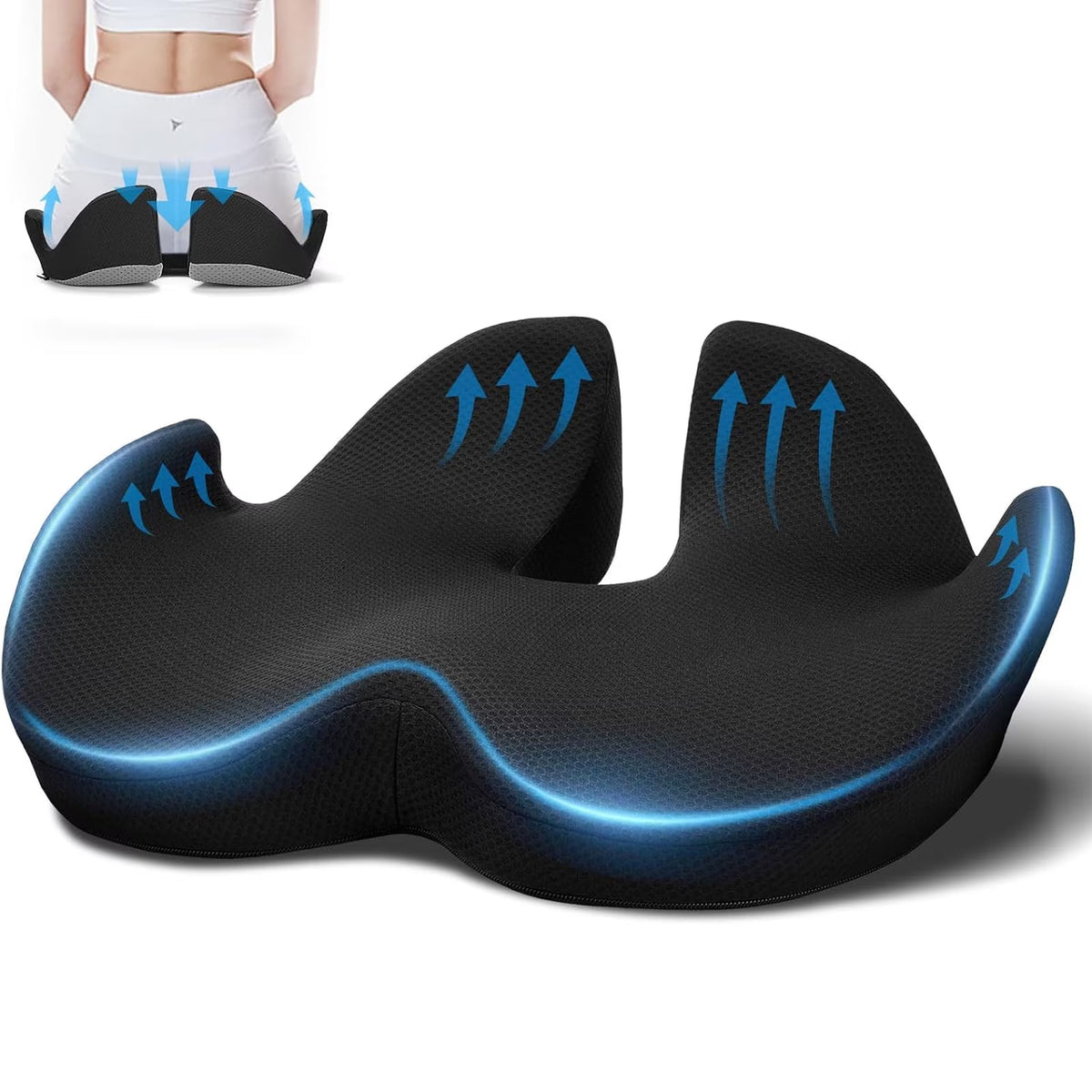 FAMKIT Memory Foam Seat Cushion, Pressure Sciatica & Tailbone Pain Relief, Ergonomic Butt Pillow Coccyx Pad Chair Cushions, for Car, Office, Home, Long Sitting, Black