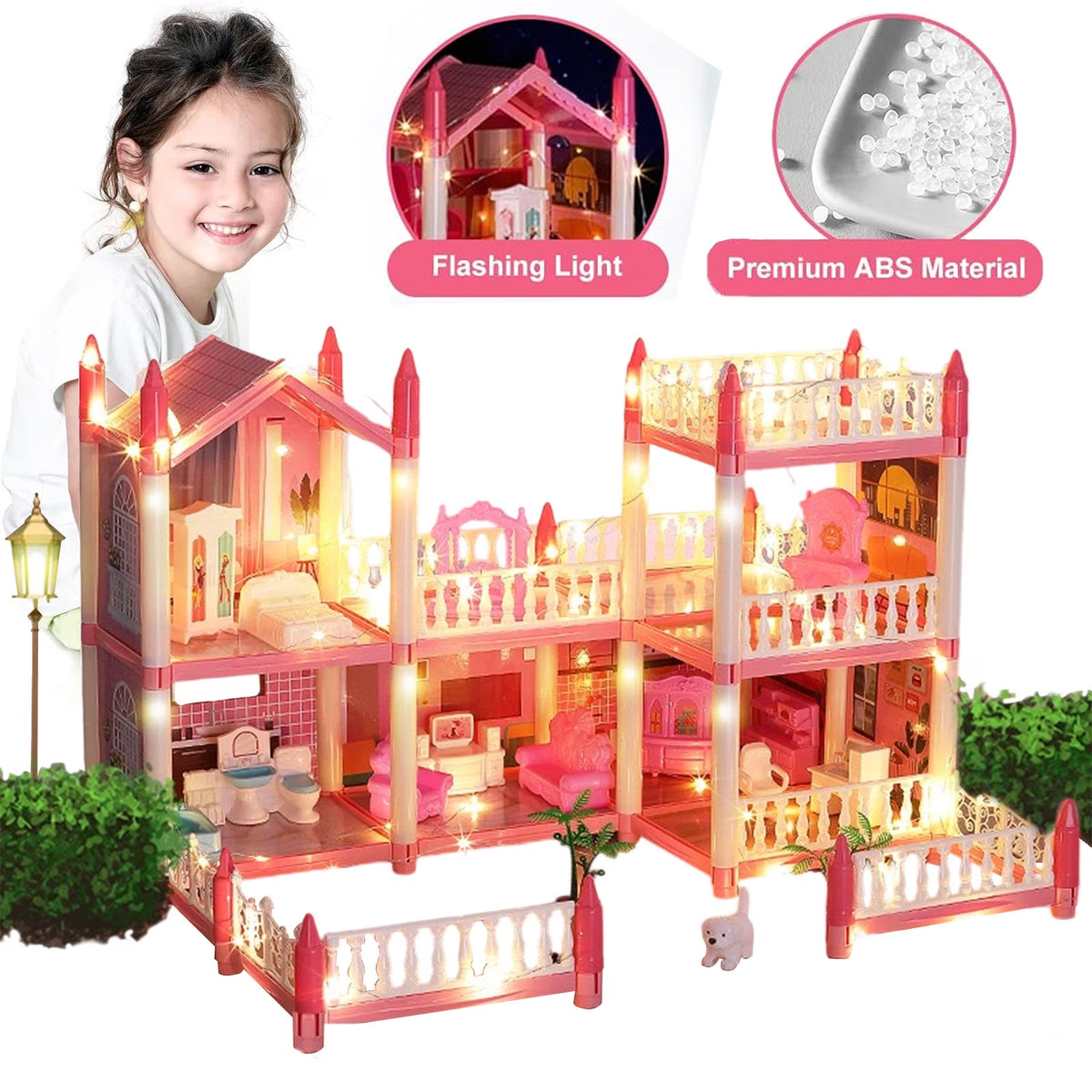 Haokaini Dollhouse with 2 Story 6 Rooms, DIY Pretend Play Building Playset, Kids Playhouse Asseccories and Furniture with LED Light, Dream Gift Princess Doll House Toy for 3 4 5 6 7 8 9 Girls Gift, Pink
