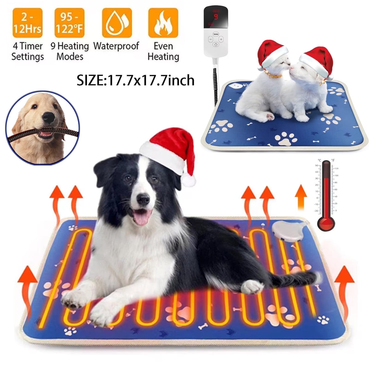 Haokaini Pet Heating Pad, Heated Cat Dog Bed Mat, Waterproof Adjustable Temperature Timed Heated Puppy Bed Pads with Chew Resistant Cord, Reusable Kitty Mats for Dogs Cats Small Animals