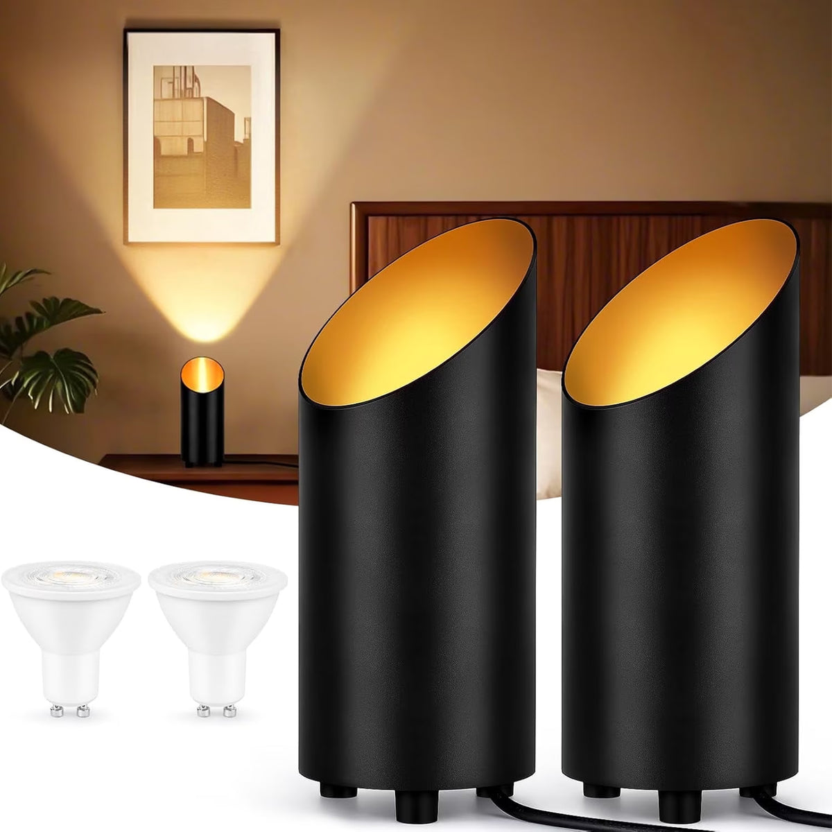 Haokaini 2 Pack Indoor Uplights, LED Spot Lights for Plant & Artwork, Black Floor Can Light Uplighting with Foot Switch, Spotlight Accent Lighting Up Lights Corner Lamp for Home Living Room Picture