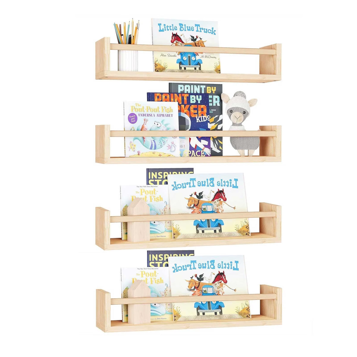 DICEEVIL 4PCS Wood Nursery Book Shelves Wall Mounted, Floating Bookshelf for Kids Room Decor, Toys and Books Storage Organizer Shelves for Child Bedroom Bathroom Kitchen