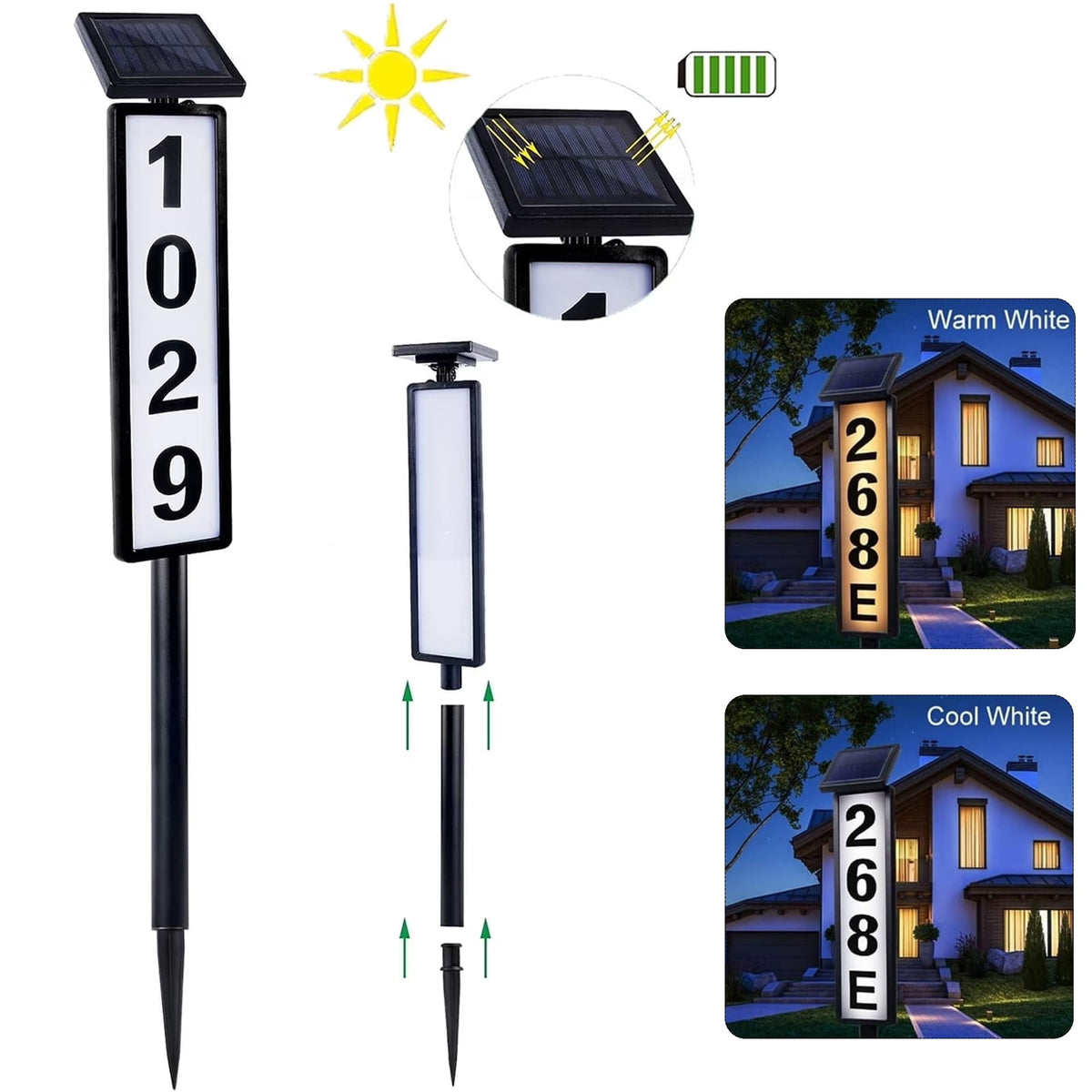 OhhGo Solar Address Sign, House Numbers for Outside Rechargeable LED Illuminated Lighted Address Signs with Waterproof Cover Mailbox Numbers Plaque for Street Yard Garden Driveway