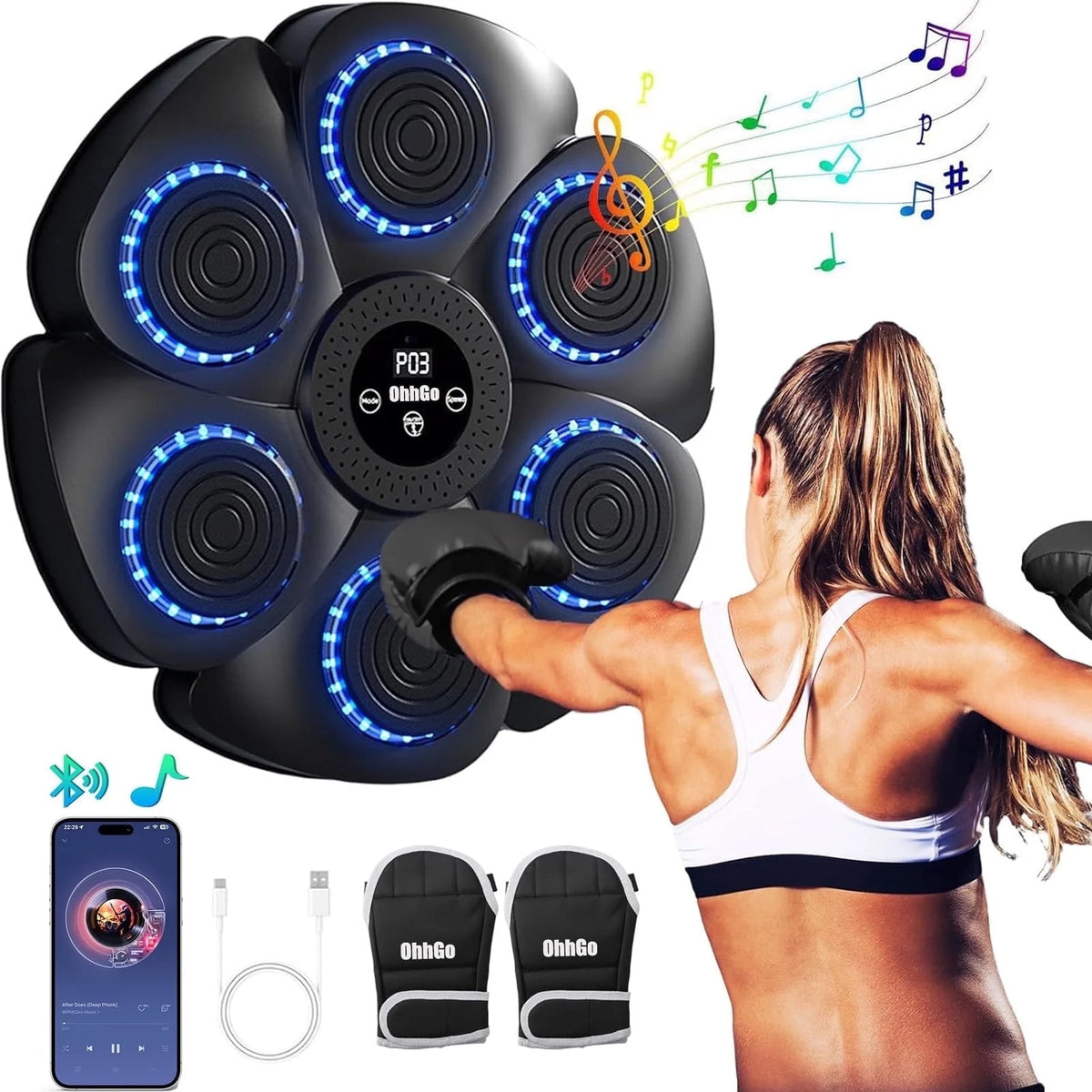 OhhGo Music Boxing Machine, Upgrade Smart Bluetooth Boxing Trainer with Gloves, Wall Mount Interactive Punching Music Boxing Trainer, Boxing Target Workout Equipment for Home, Office, Gym