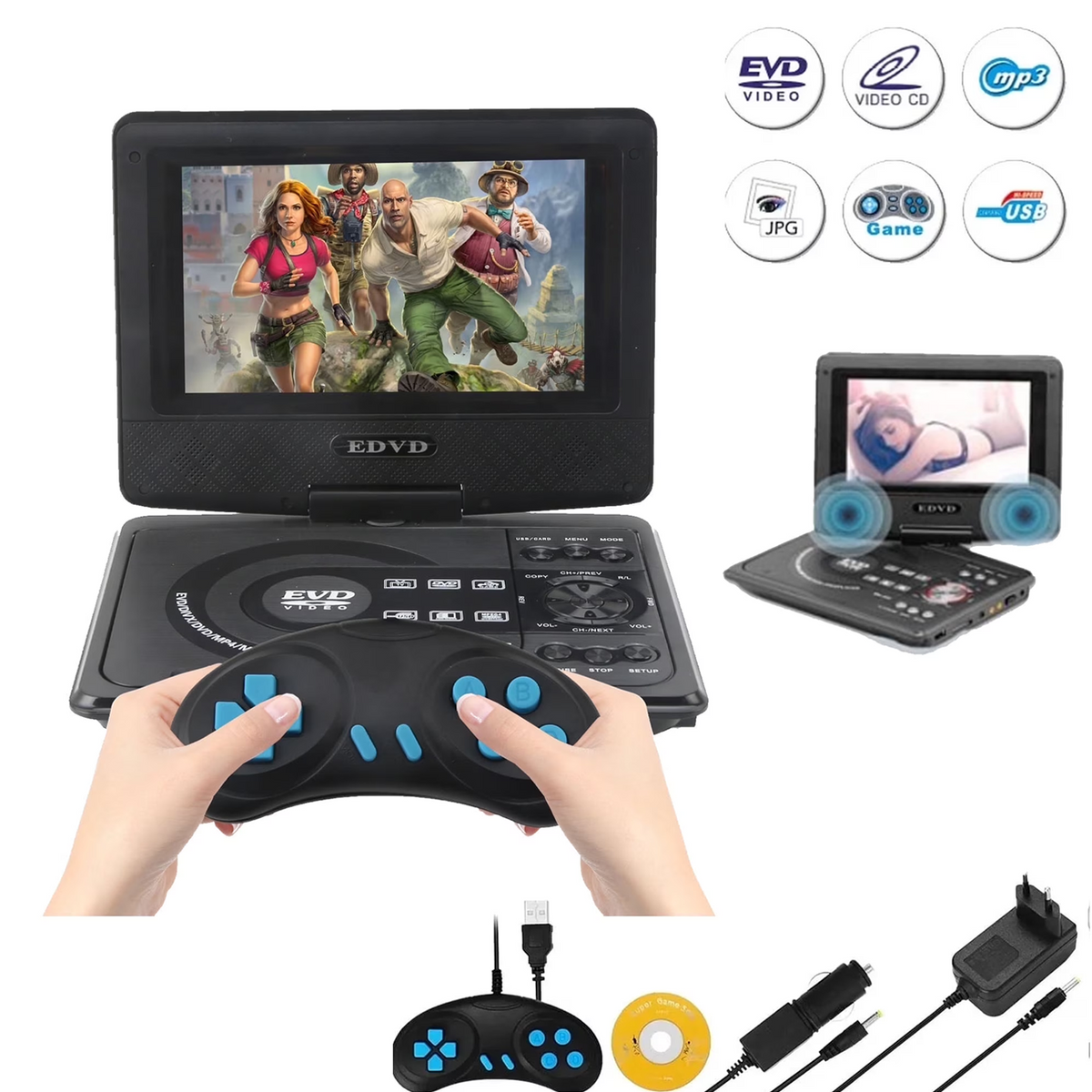 Leyeet 7.8" Portable DVD Player with 6.8" Swivel Screen, Car DVD Player with High Volume Speakers, with Gaming Capabilities, Remote Control, Support Sync TV, 2650x1440 Resolution
