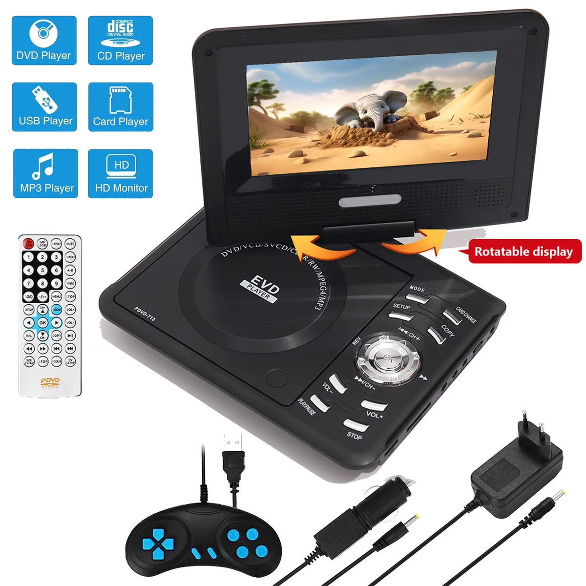 FAMKIT 7.8" Portable DVD Player, 6.8" HD Swivel Display Screen CD Player, Rechargeable Car DVD Player Support CD/DVD/SD Card/USB/Game Function, Personal DVD Player for Kids&Car Travel, Black