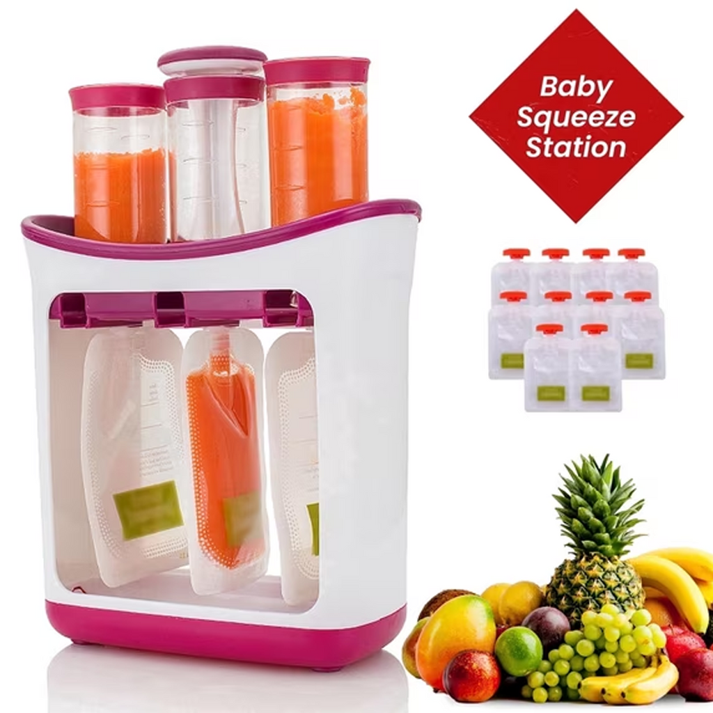 Leyeet Baby Food Squeeze Station, Fill 3 Reusable Pouches at once, BPA-Free Homemade Puree Maker with 10 Storage Bags, Homemade Baby Food Prep Essential, Baby Food Maker for Kids