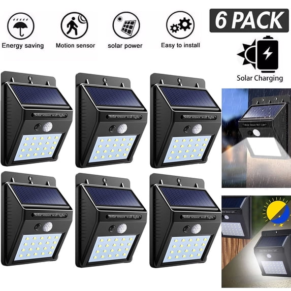 OhhGo 6 Pack 30 LED Solar Motion Sensor Lights, Wireless Outdoor Wall Lights, Waterproof Security Wall Mount Light for Holiday Decors Yard Garden, Black