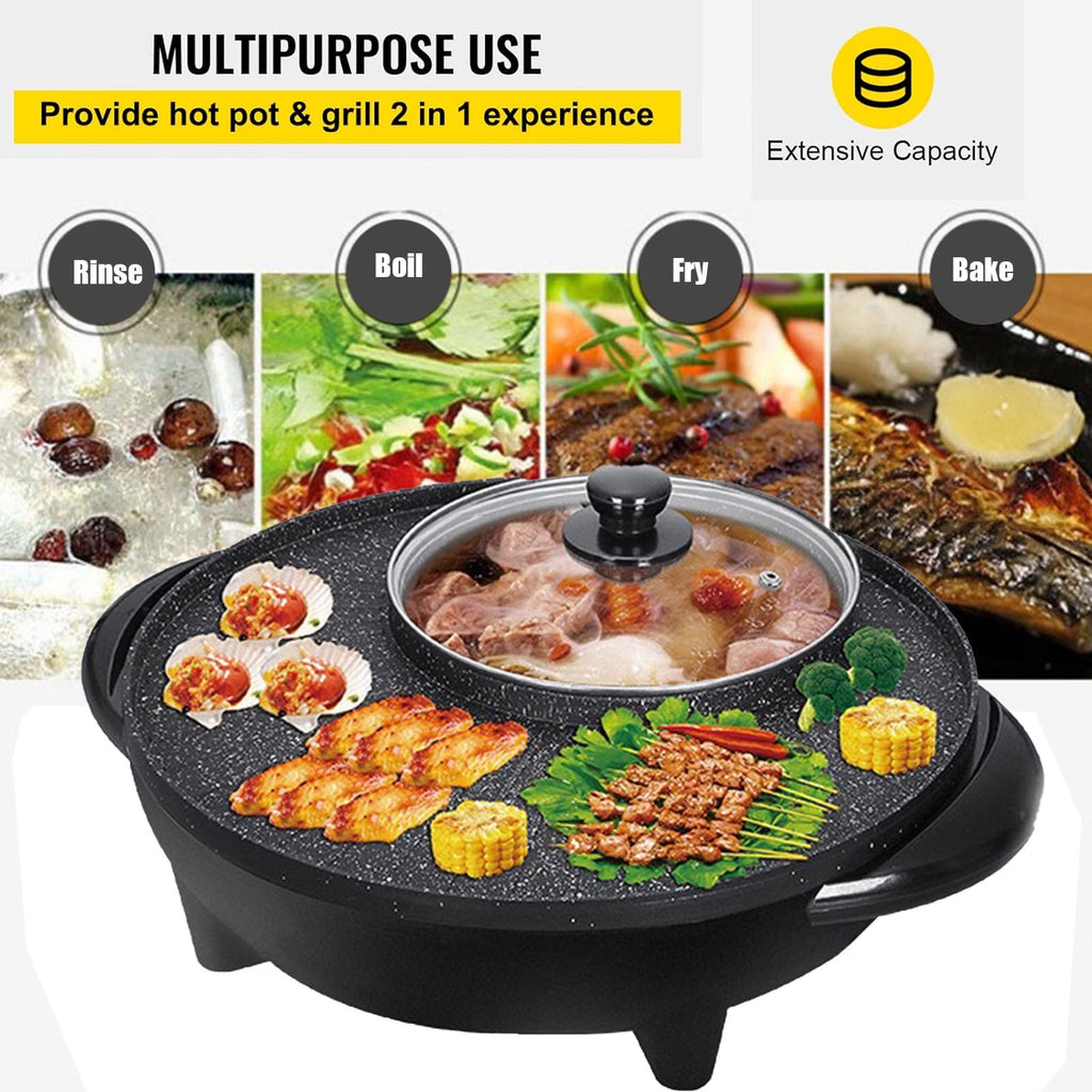 FAMKIT Electric Hot Pot and Grill Combo, 110V Hot Pot with Grill 2 in 1, Multifunctional Smokeless Korean Barbecue Grill, Capacity for 3-5 People, Suitable for Korean BBQ, Shabu and Soup