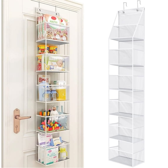 OhhGo Over the Door Organizer, 6-Shelf Closet Hanging Pantry Storage with Clear Plastic Pockets, Behind the Door Storage for Baby Nursery, Bathroom, Bedroom, and Dorm, White