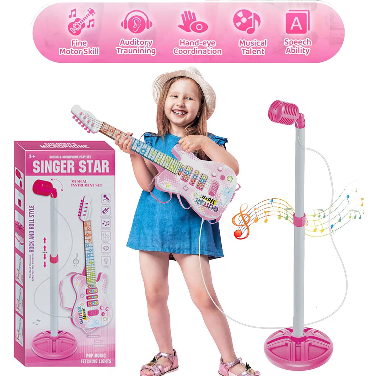 Haokaini Musical Guitar and Microphone Set for Kids, Electric Guitar Toys Starter Kit with Adjustable Height Microphone Stand, Music Light Sounds Karaoke Toy for Girls, Boys, Christmas Birthday Gift
