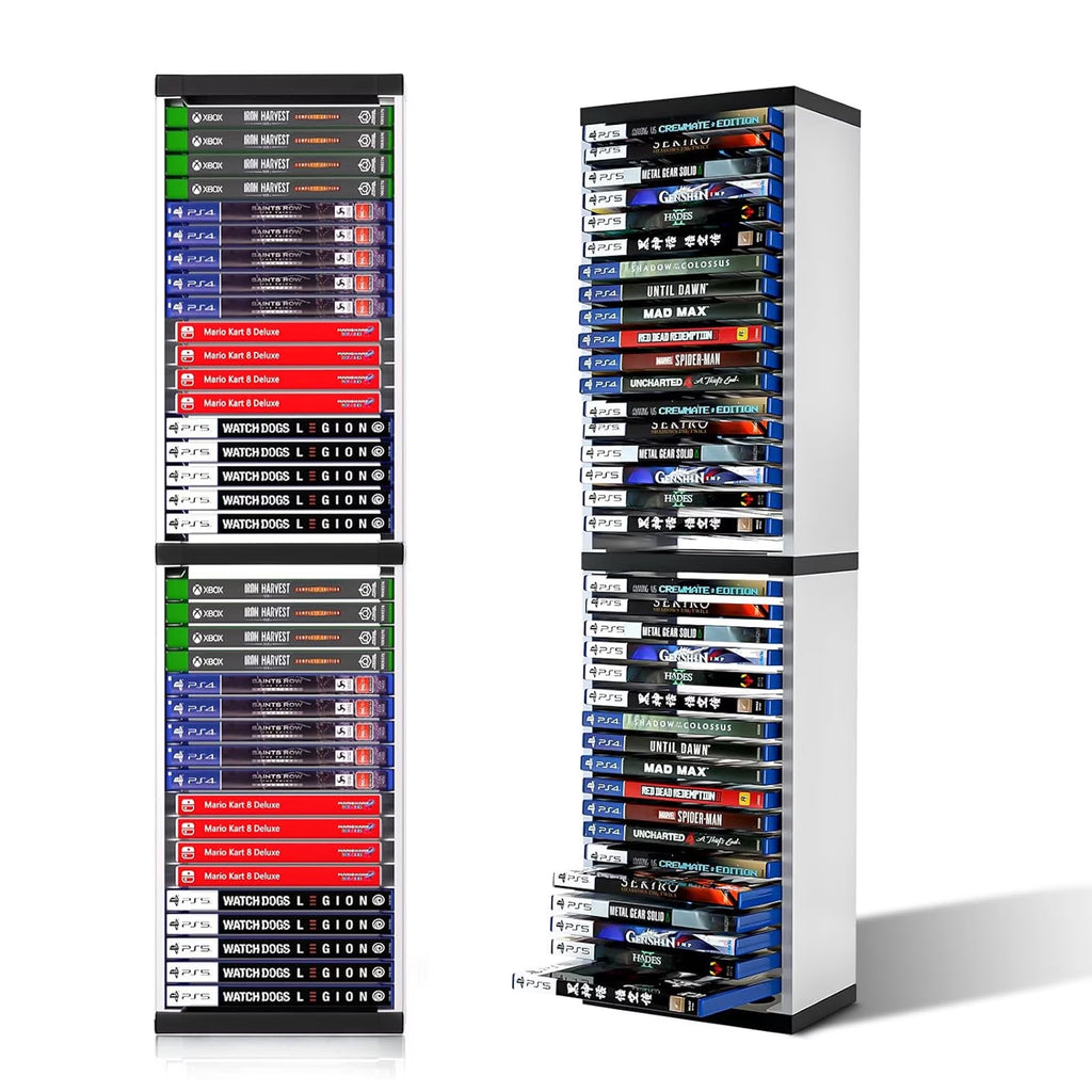 FAMKIT Video Game Storage Stand Tower for PS5/ PS4/ PS3/ Xbox Series, Universal Game Disc Holder Rack Vertical Stand Blu Ray Case Organizer, Game Storage Tower Hold 36pcs Video Game Discs