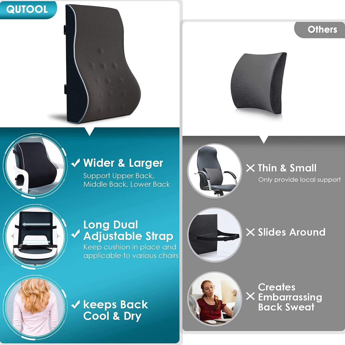 Hinzonek Lumbar Support Pillow,Ergonomic Memory Foam for Office Chair Car Back Cushion,Pain Relief Improve Posture for Office Chair,Car, Computer, Gaming Chair,Black