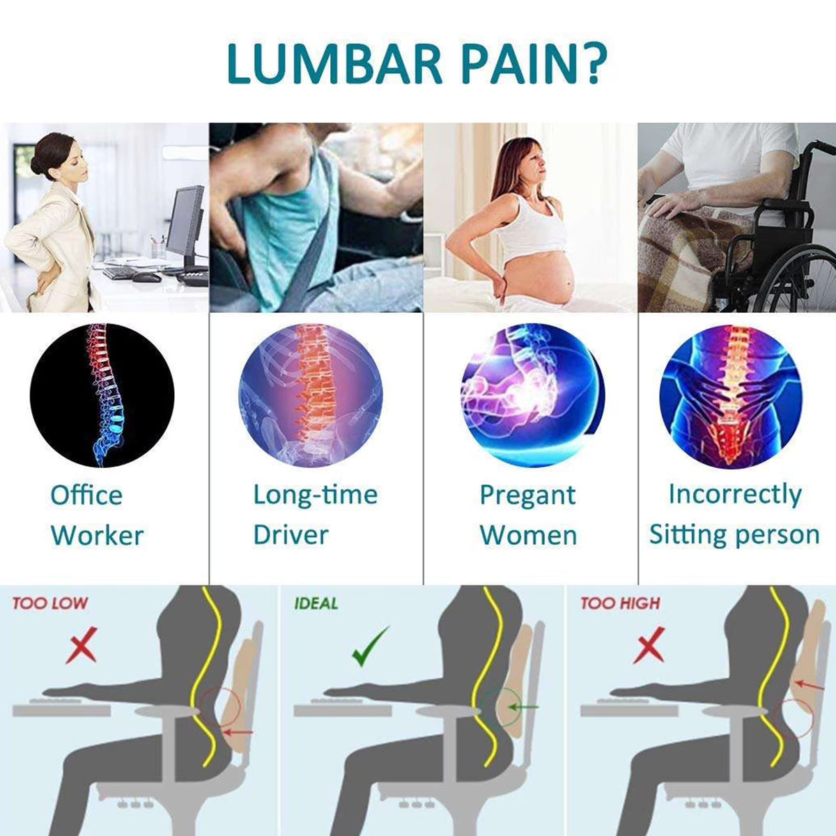 Hinzonek Lumbar Support Pillow,Ergonomic Memory Foam for Office Chair Car Back Cushion,Pain Relief Improve Posture for Office Chair,Car, Computer, Gaming Chair,Black