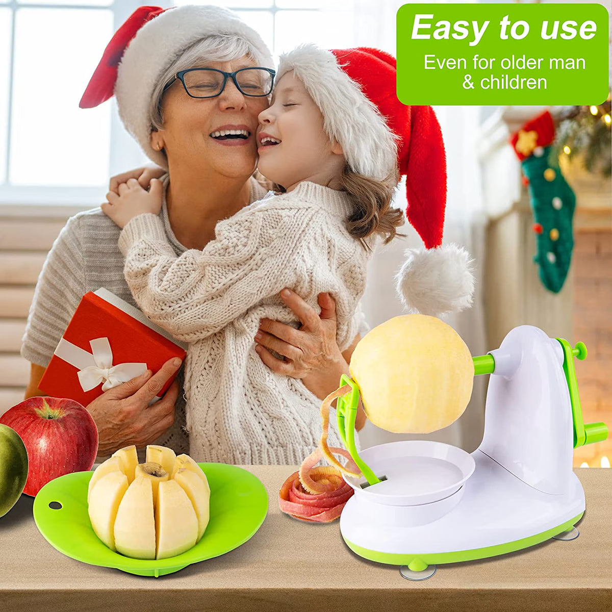 Hinzonek Potato Apple Peeler Corer Slicer Cutter Chopper Pear Fruit Easy Cut Cutter Kitchen Tool, Stainless Steel Blades Apple Cutter,Green