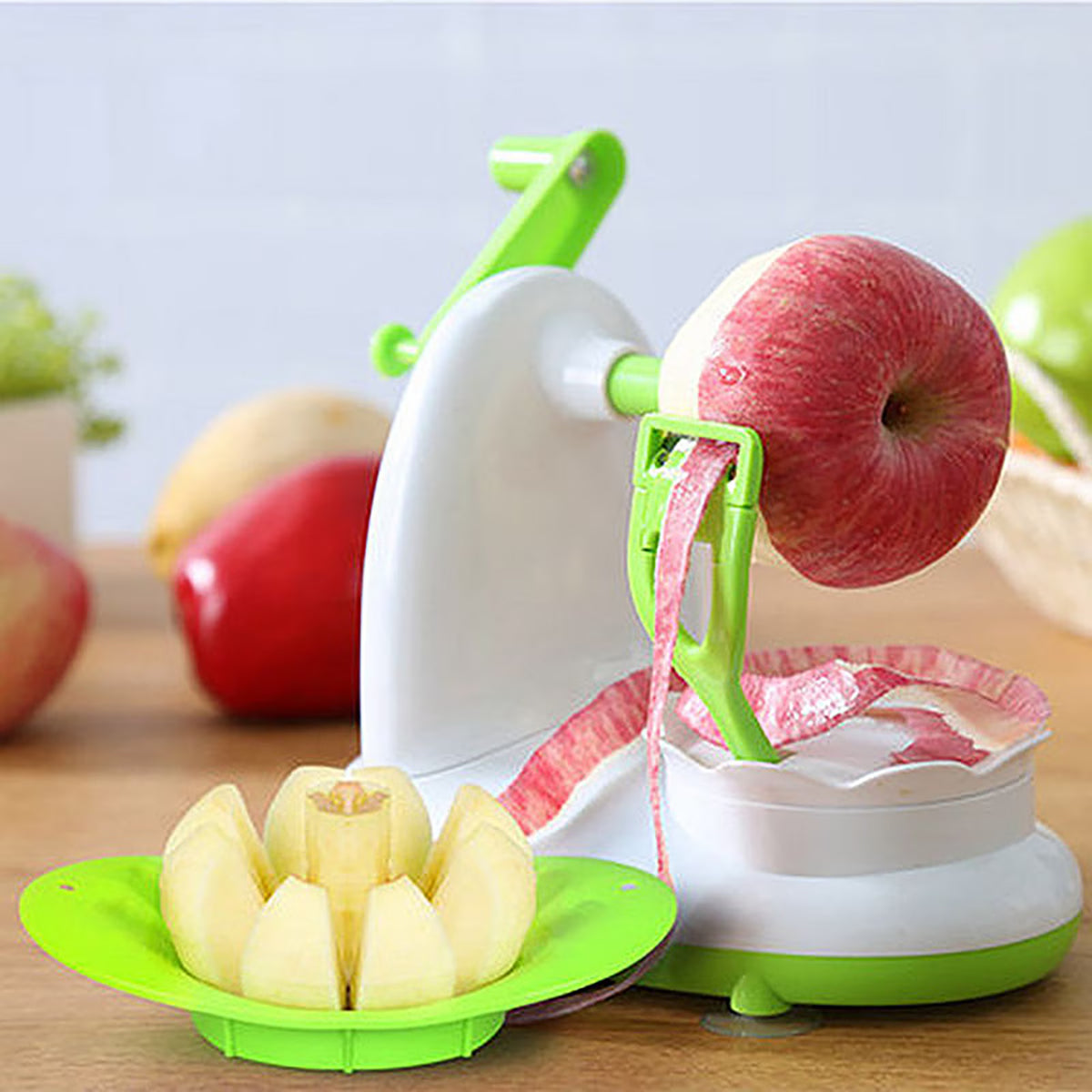 Hinzonek Potato Apple Peeler Corer Slicer Cutter Chopper Pear Fruit Easy Cut Cutter Kitchen Tool, Stainless Steel Blades Apple Cutter,Green