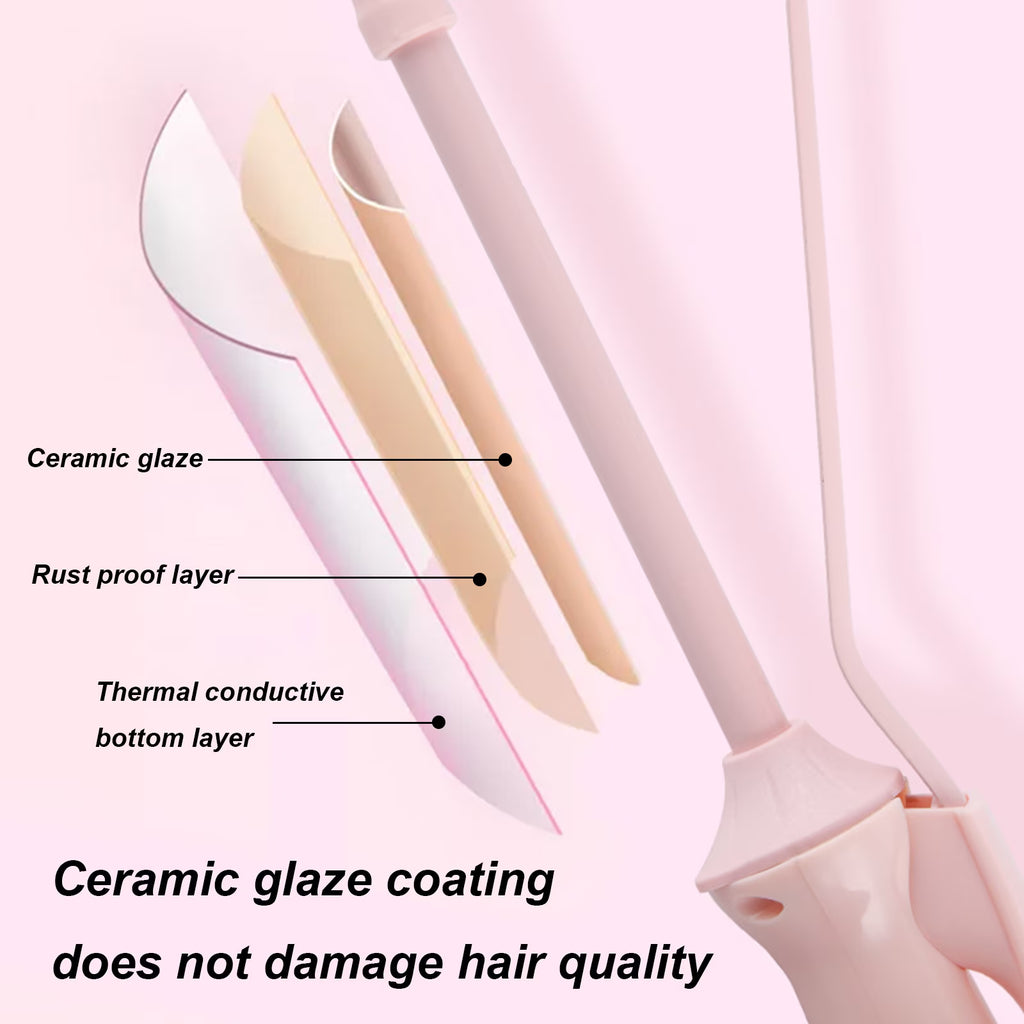Hinzonek 9mm Small Hair Curler Mini Curling Iron Ceramic Coated Hair Curling Iron for Wool Roll，Wool Hair Curler,Tourmaline Ceramic Hair Curling Wand Wool Fine Curl Pink