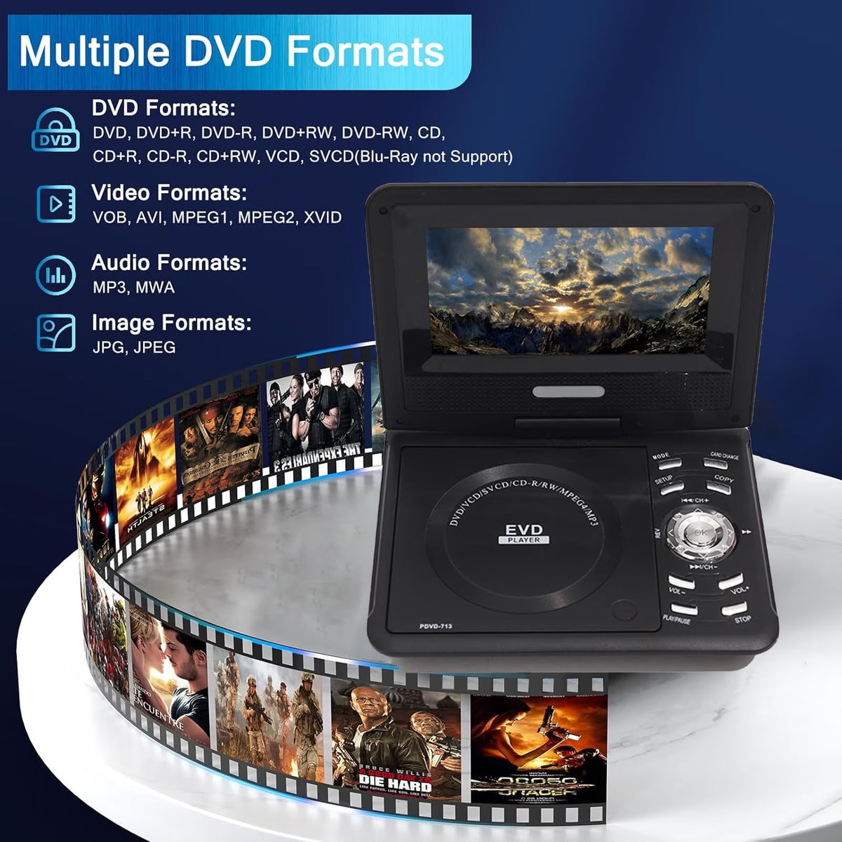 FAMKIT 7.8" Portable DVD Player, 6.8" HD Swivel Display Screen CD Player, Rechargeable Car DVD Player Support CD/DVD/SD Card/USB/Game Function, Personal DVD Player for Kids&Car Travel, Black