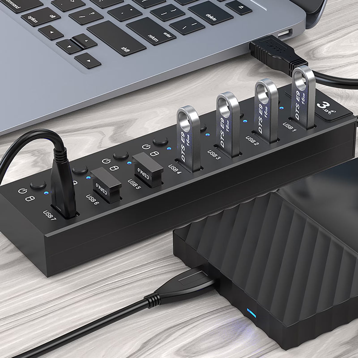 FAMKIT 7-Port Powered USB Hub 3.0, USB Data Hub Adapter with Smart Charging Port and Individual Switches and 5V/2A Power Adapter USB Extension for MacBook