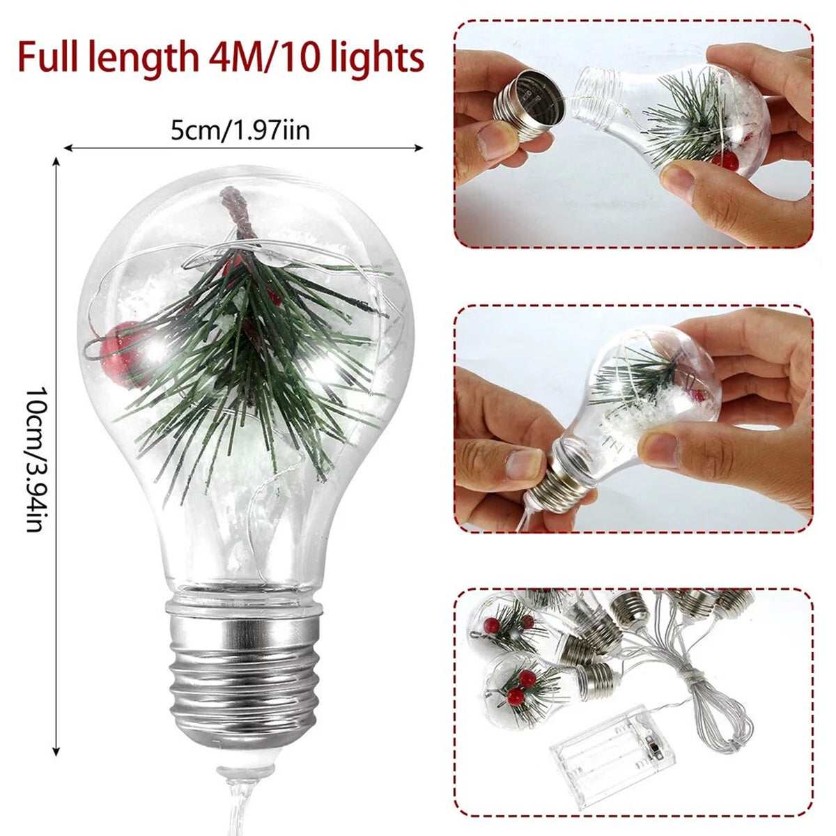 FAMKIT Christmas Snow Globe String Lights, 10 LED Bulb Fairy Lights with Green Pine Berry Snowflake, Battery Operated Hanging Xmas Tree Lights Indoor Outdoor for Home Garden Patio Wedding Party, 13FT