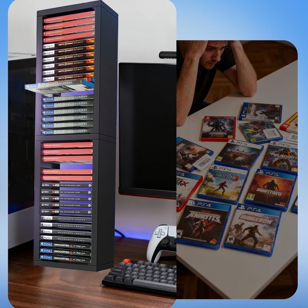 FAMKIT Game Storage Stand Tower for PS5/ PS4/ PS3/ Xbox Series S, Universal Game Disc Holder Vertical Stand Organizer Tower, Hold 36pcs Video Game Discs, Black