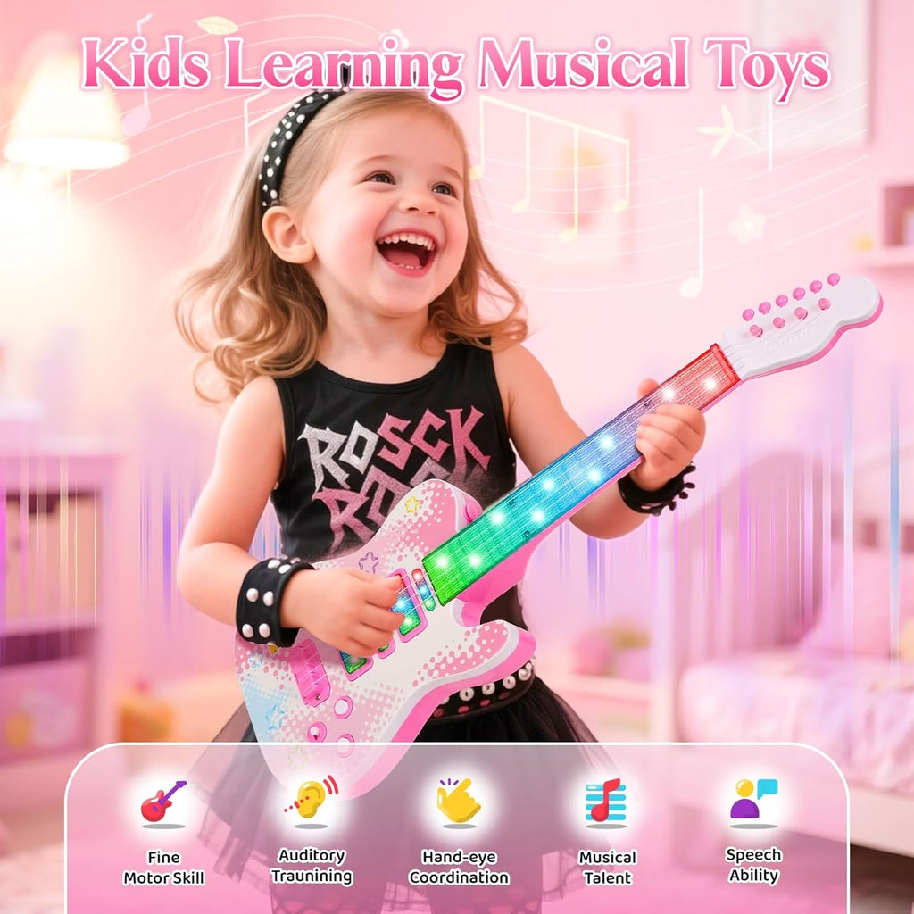 Haokaini Musical Guitar and Microphone Set for Kids, Electric Guitar Toys Starter Kit with Adjustable Height Microphone Stand, Music Light Sounds Karaoke Toy for Girls, Boys, Christmas Birthday Gift