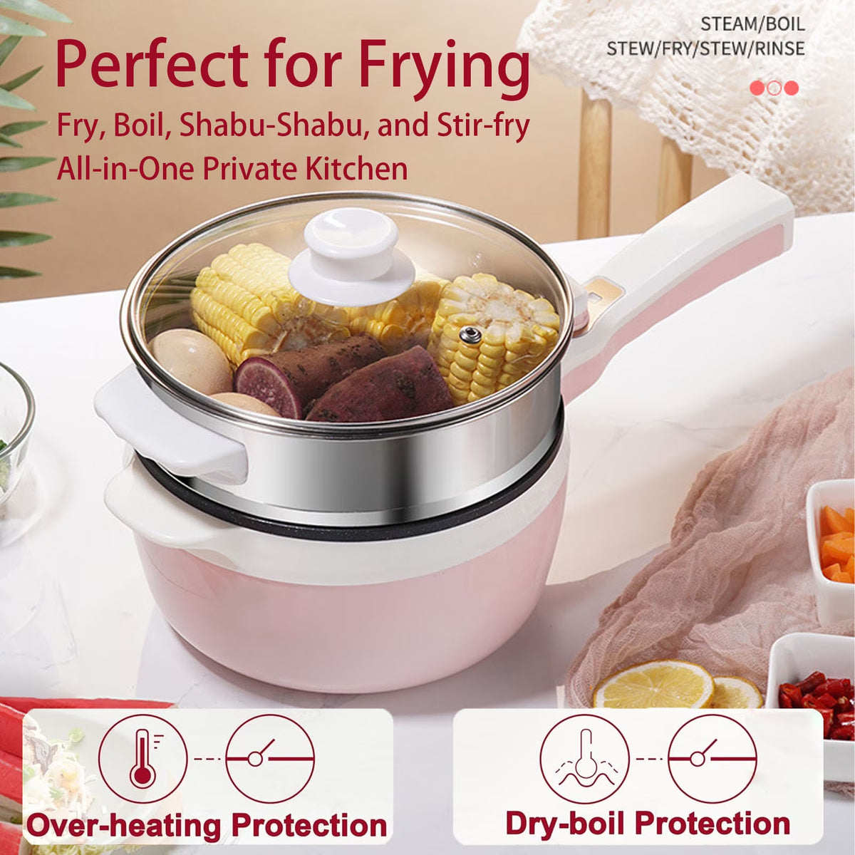 FAMKIT 1.8L Electric Cooking Pot, 2 Power Electric Hot Pot with Steamer, Portable Multifunctional Non-Stick Pan, Mini Hot Pot Noodles Travel Cooker for Dorm, Home, Apartments, Hotel, Pink