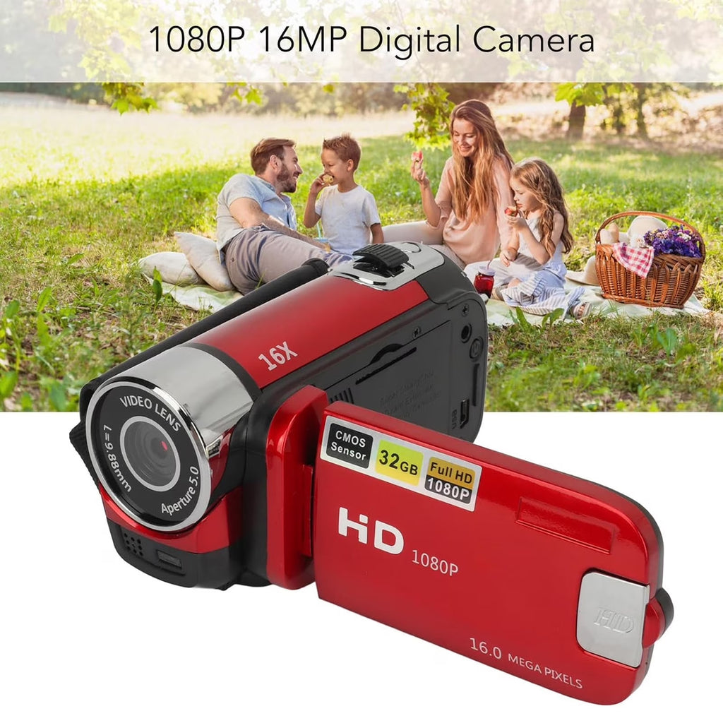FAMKIT Portable Full HD 1080P High Definition Digital Video Camera, DV Camcorder Camera Recorder, 16MP 2.7 Inch LCD Screen 16X Digital Zoom, 270° Rotation, Red