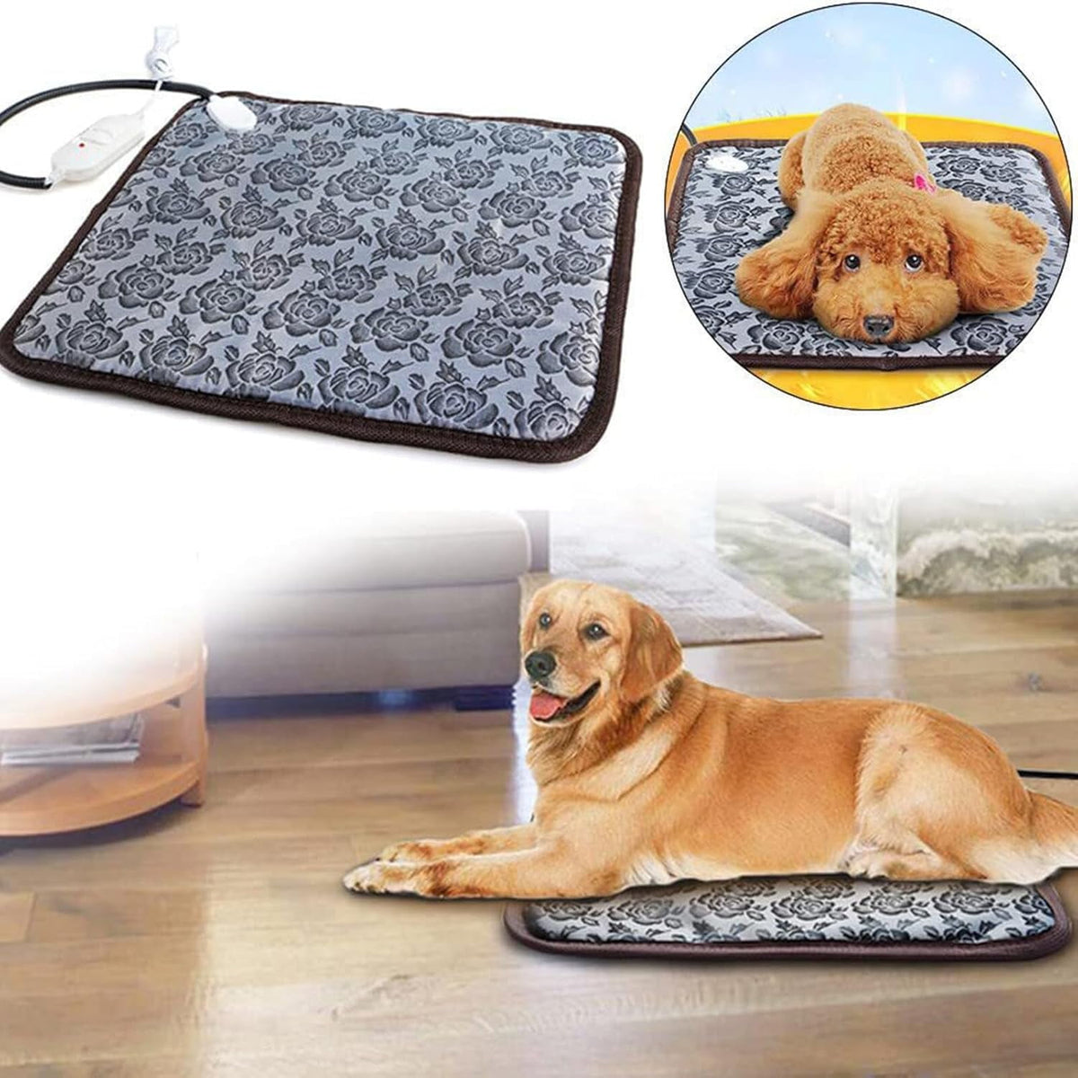 OhhGo Pet Heating Pad Mat, Electric Heating Pad for Dogs and Cats, Adjustable Heated Cat Bed Waterproof Smart Thermostat Switch, Puppy Whelping Warm Pads Blanket, Gray, 18x18 in