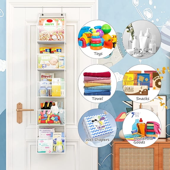 OhhGo Over the Door Organizer, 6-Shelf Closet Hanging Pantry Storage with Clear Plastic Pockets, Behind the Door Storage for Baby Nursery, Bathroom, Bedroom, and Dorm, White