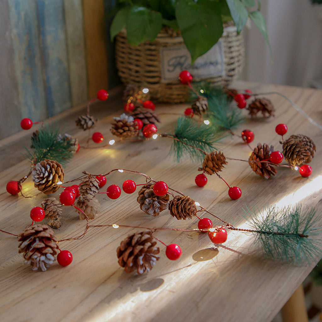 Haokaini Christmas Garland with Lights, 6.56FT Christmas String Lights with Red Berries, Needles, Pine Cones, 20 LED Battery Operated Garland for Christmas Decorations Indoor/Outdoor(Not Included Batteries)