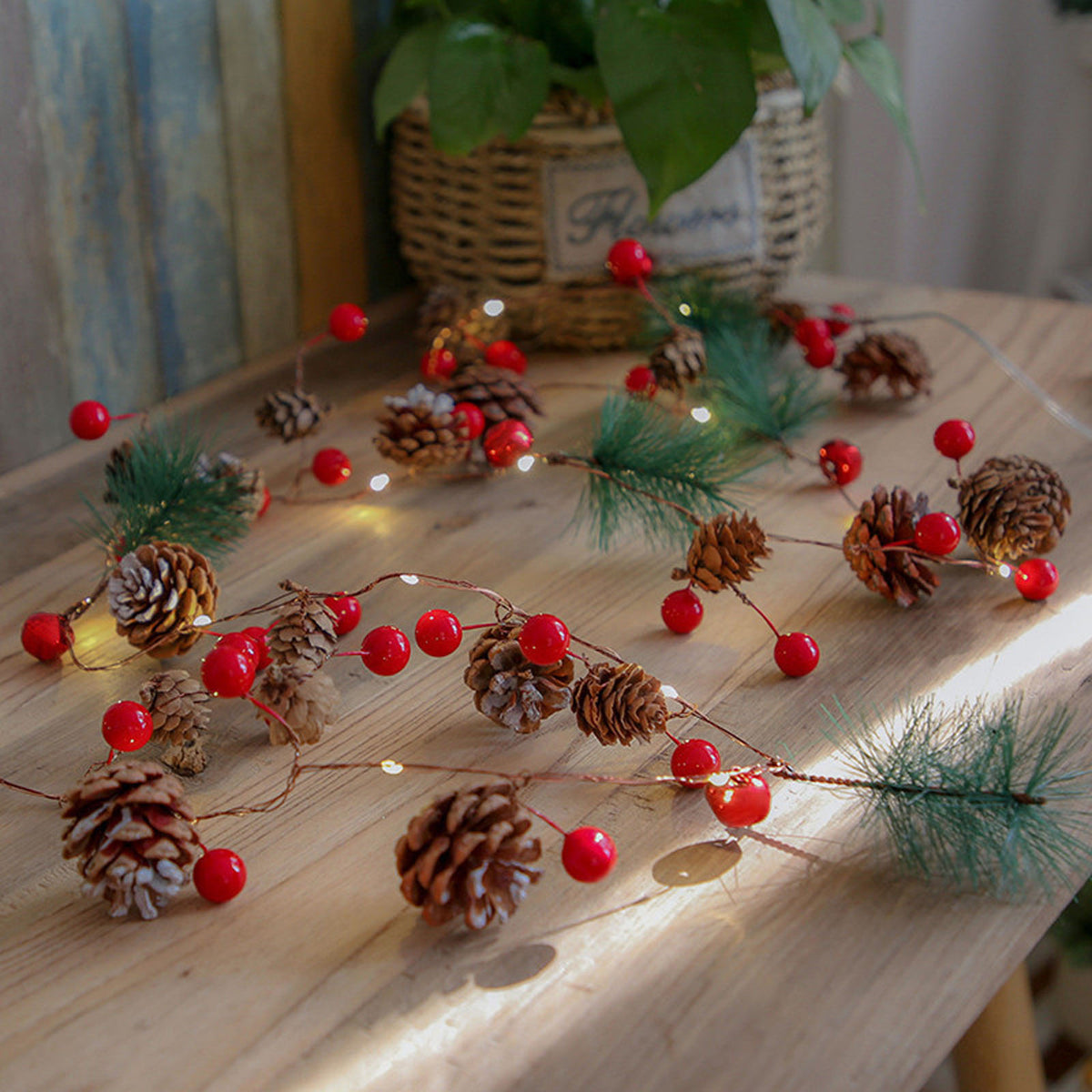 Haokaini Christmas Garland with Lights, 6.56FT Christmas String Lights with Red Berries, Needles, Pine Cones, 20 LED Battery Operated Garland for Christmas Decorations Indoor/Outdoor(Not Included Batteries)